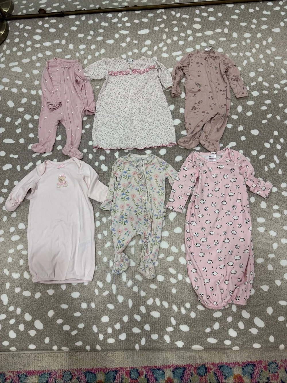 Lot of 6 pima bamboo newborn baby girl footies gown teddy bear lambs mittens